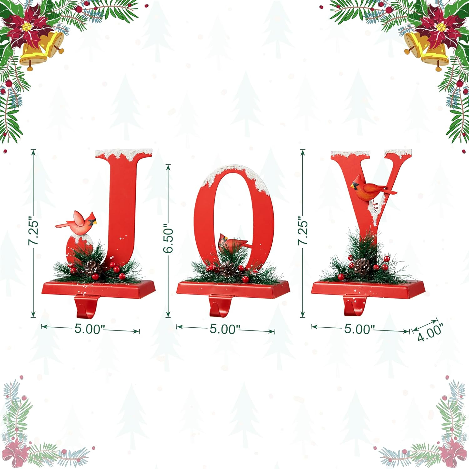 Red Metal JOY Christmas Stocking Holders with Cardinals