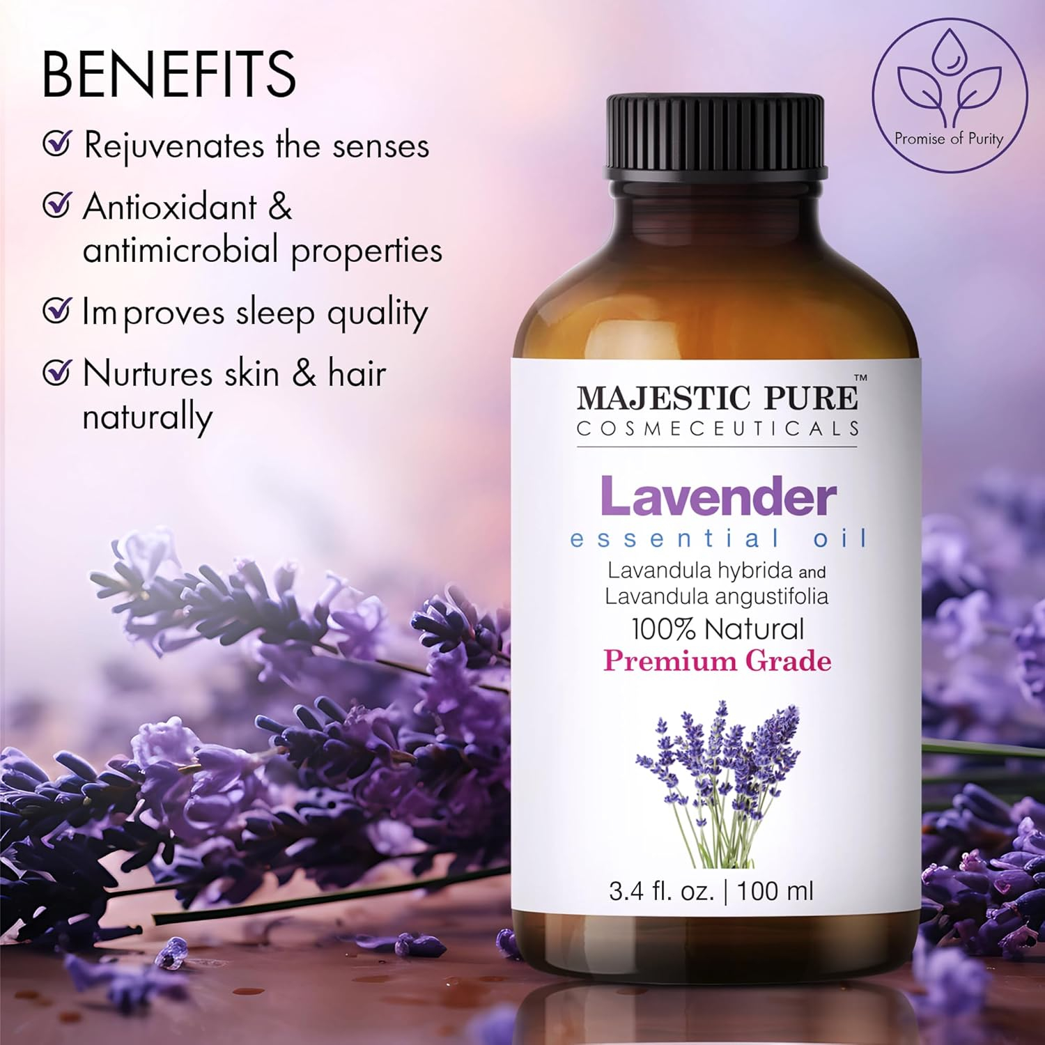 MAJESTIC PURE Lavender Essential Oil | 100% Pure and Natural Lavender Oil | Premium Grade Essential Oils for Hair Care, Home Diffusers, Skin, Aromatherapy, Massage and Humidifiers | 4 Fl Oz