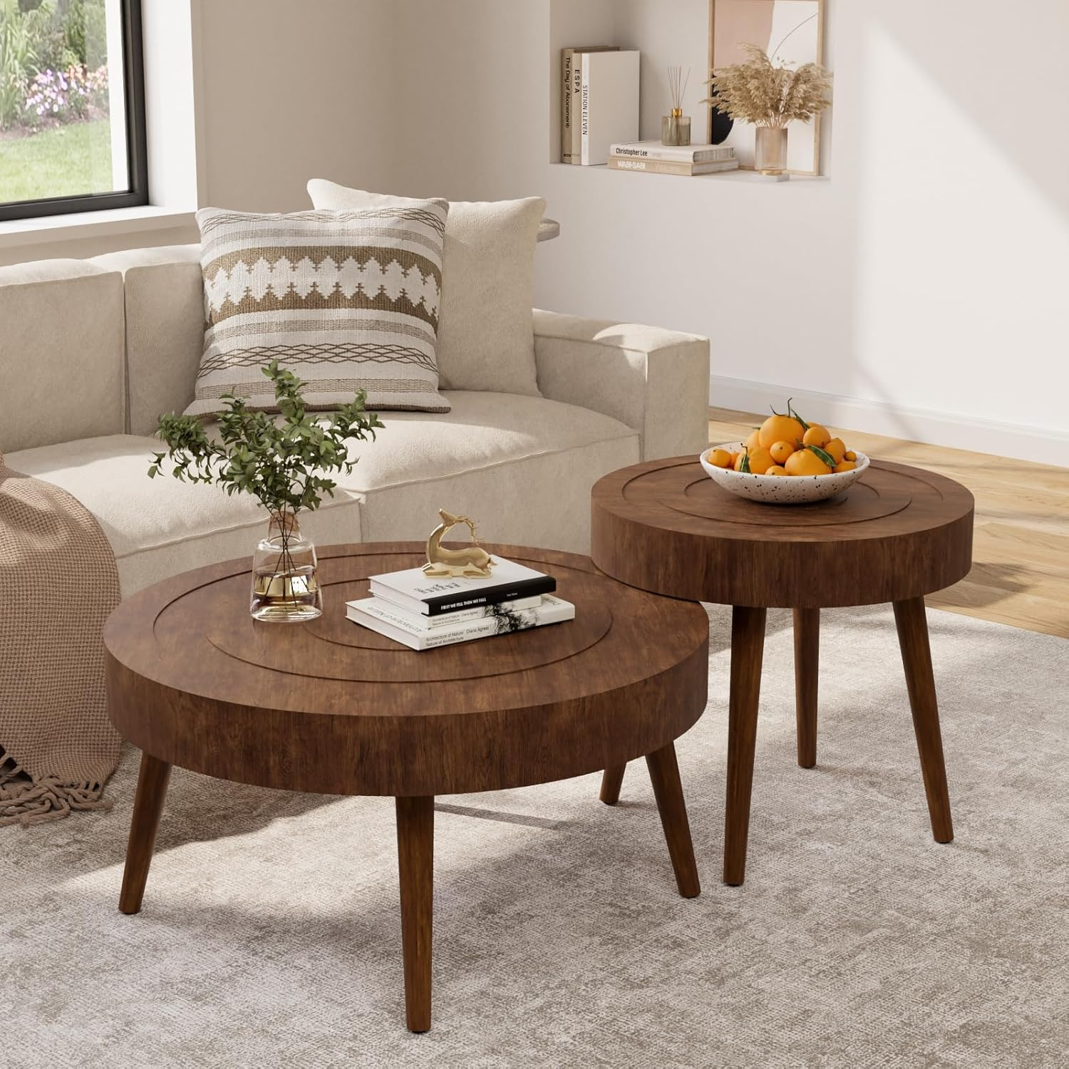 COSIEST 2 Piece Round Coffee Table Set, Modern Nesting Table with Handcrafted Wood Ring Motif, Farmhouse Wood End Table for Living Room