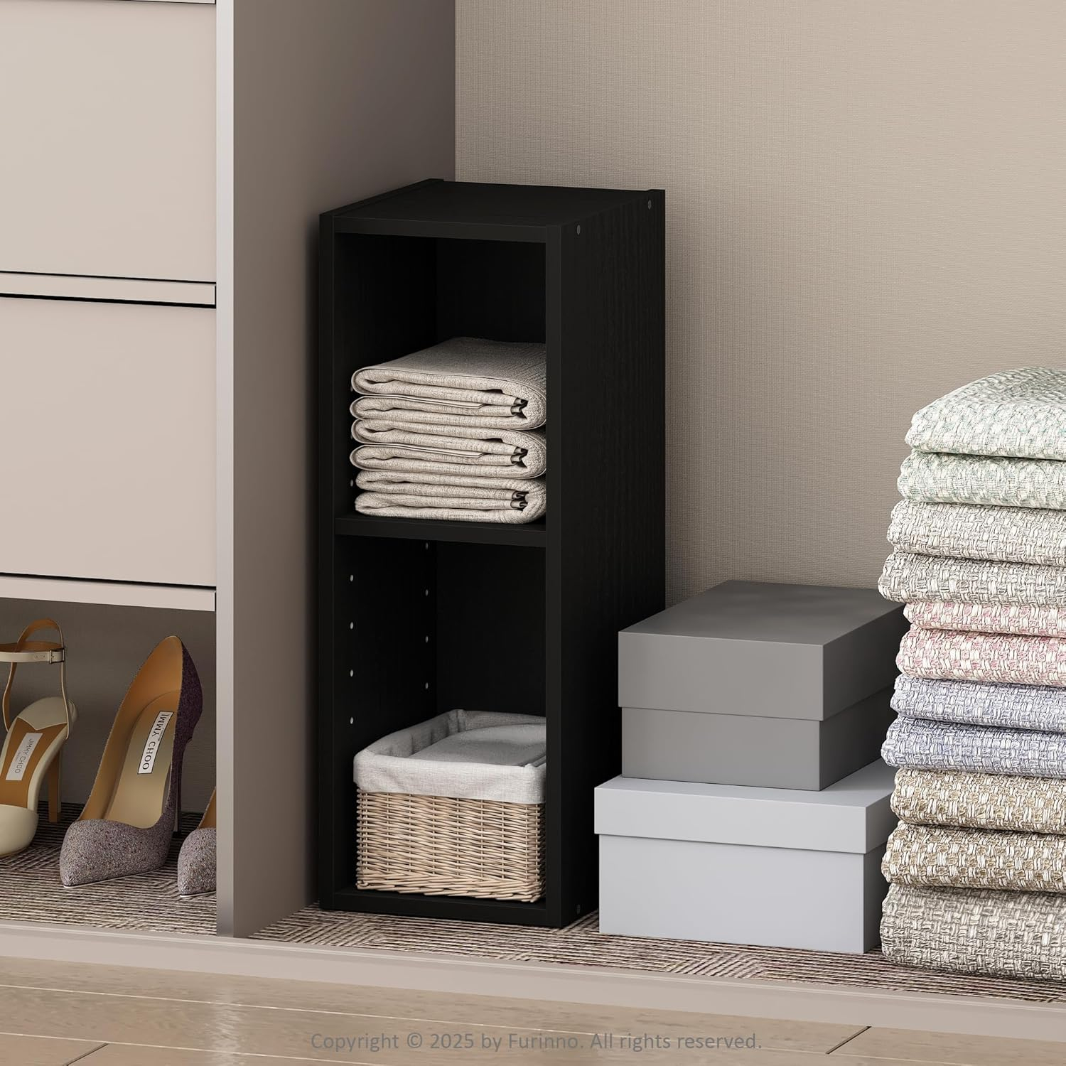 Furinno Reed 2-Tier Multipurpose Clothing & Closet Storage Organizer Shelf, 8-Inch Width, Blackwood