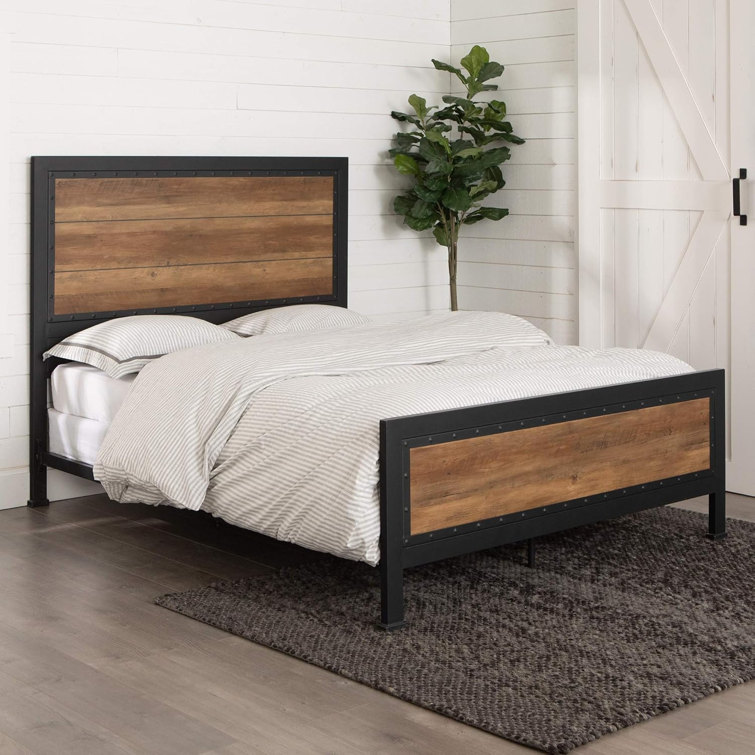 Rustic Oak Queen Bed with Metal Frame and Wood Headboard