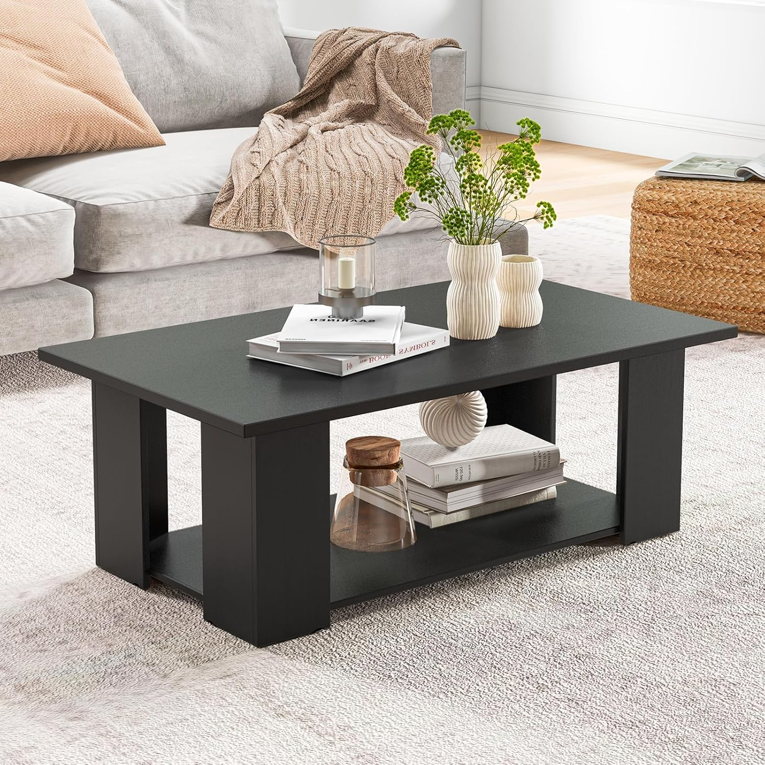 BuySphere Rectangle Wood Center Table, 41" L 2-Tier Large Modern Tea Table w/Open Compartment, Easy Assembly, Accent Coffee Table for Living Room, Reception Room, Black