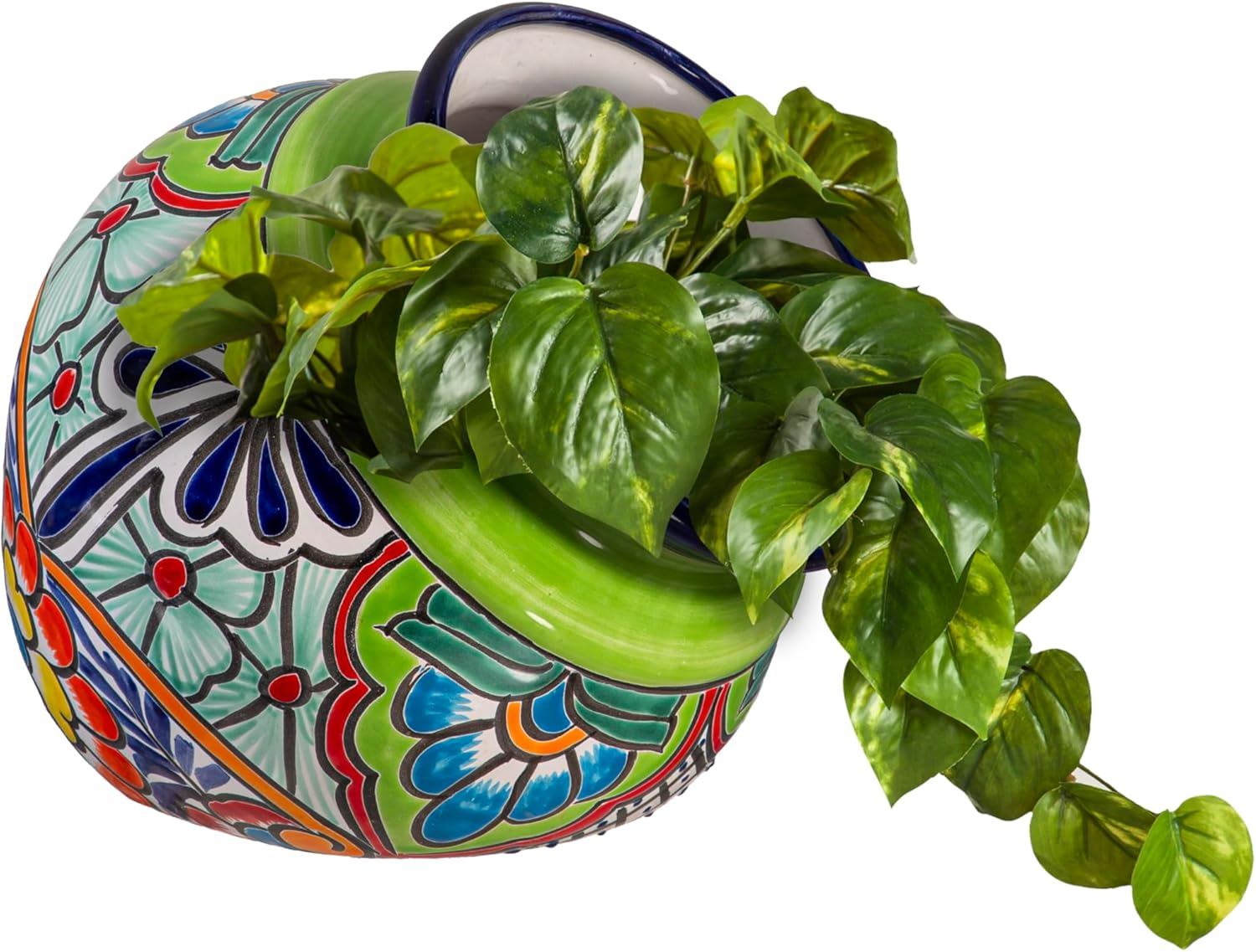 Green Tilted Talavera Ceramic Floral Planter, 10 Inch
