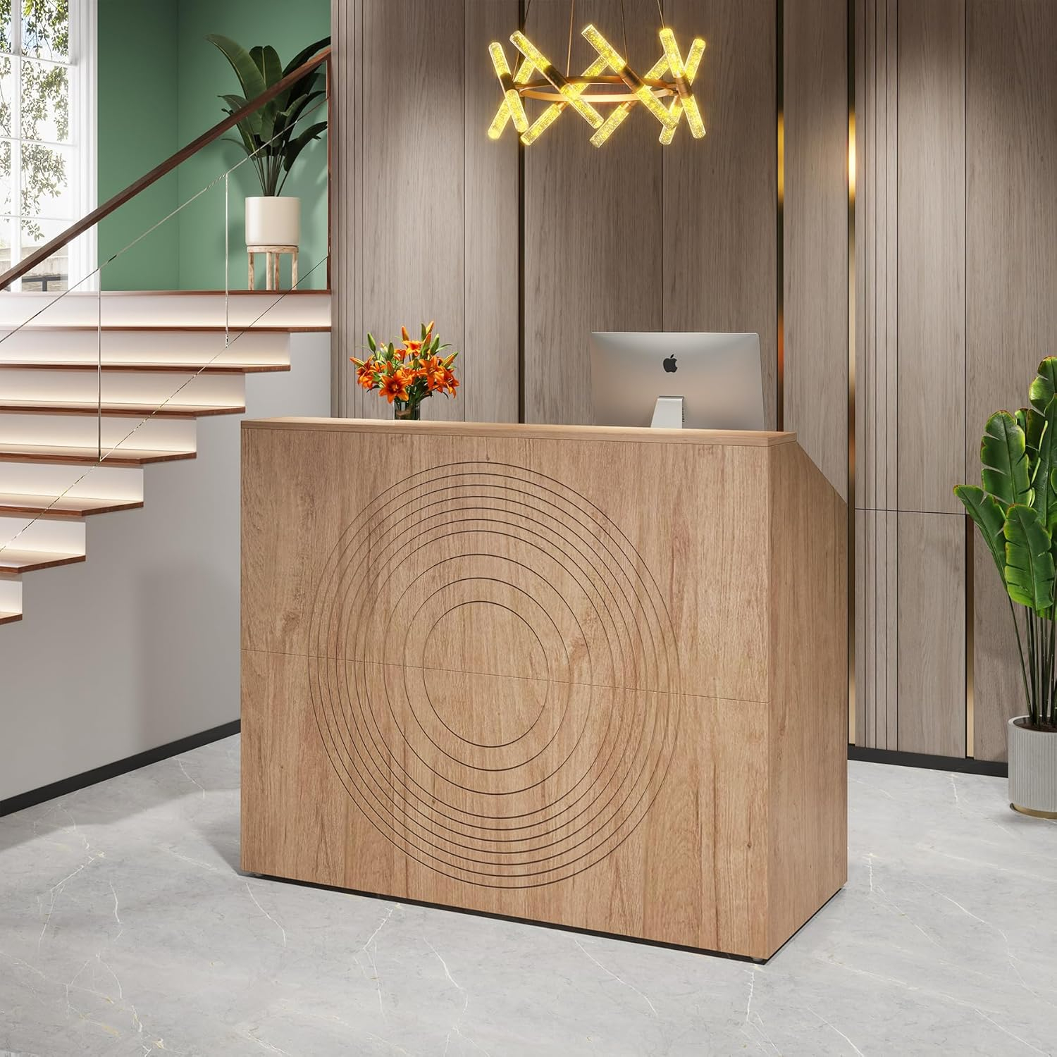 Tribesigns Reception Desk with Counter, Modern Front Desk Reception Room Table with Cable Grommet, 47 inch Retail Counter for Checkout, Lobby, Beauty Salon, Home Office Desk, Oak