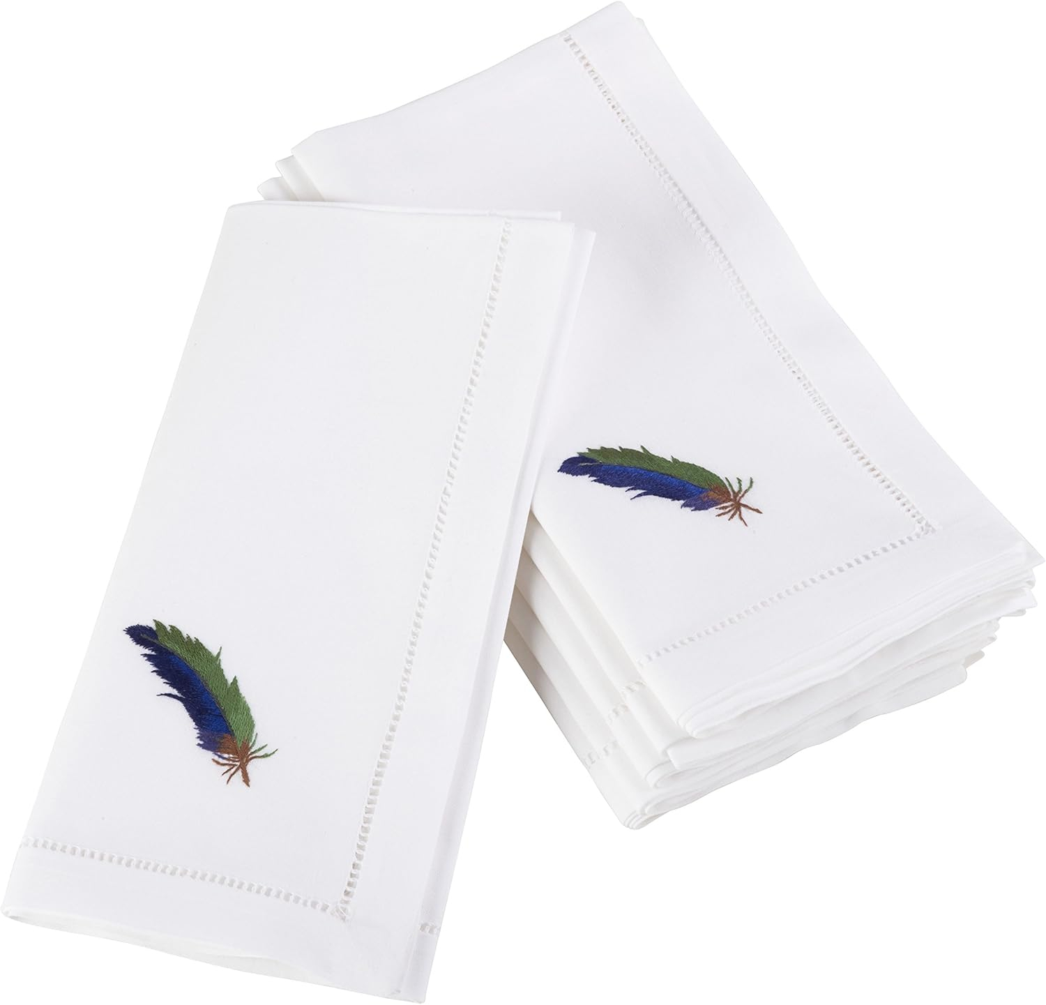 Saro Lifestyle Embroidered Blue Feather Design Hemstitched Trim Border Cotton Napkin (Set of 6), 20"x20", White