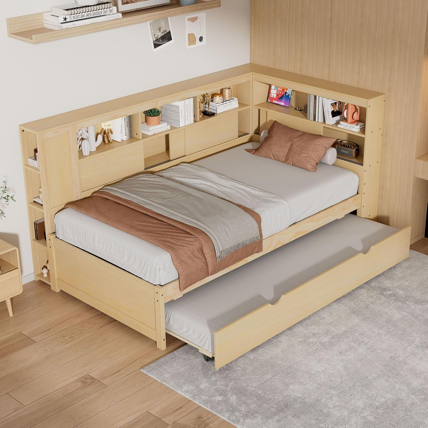 Harper & Bright Designs Twin Size Daybed with Trundle & Bookcase, Wood L-Shaped Daybed with Storage Headboard, USB Ports, Twin Platform Bed Frame with Storage Shelves for Bedroom Living Room, Natural