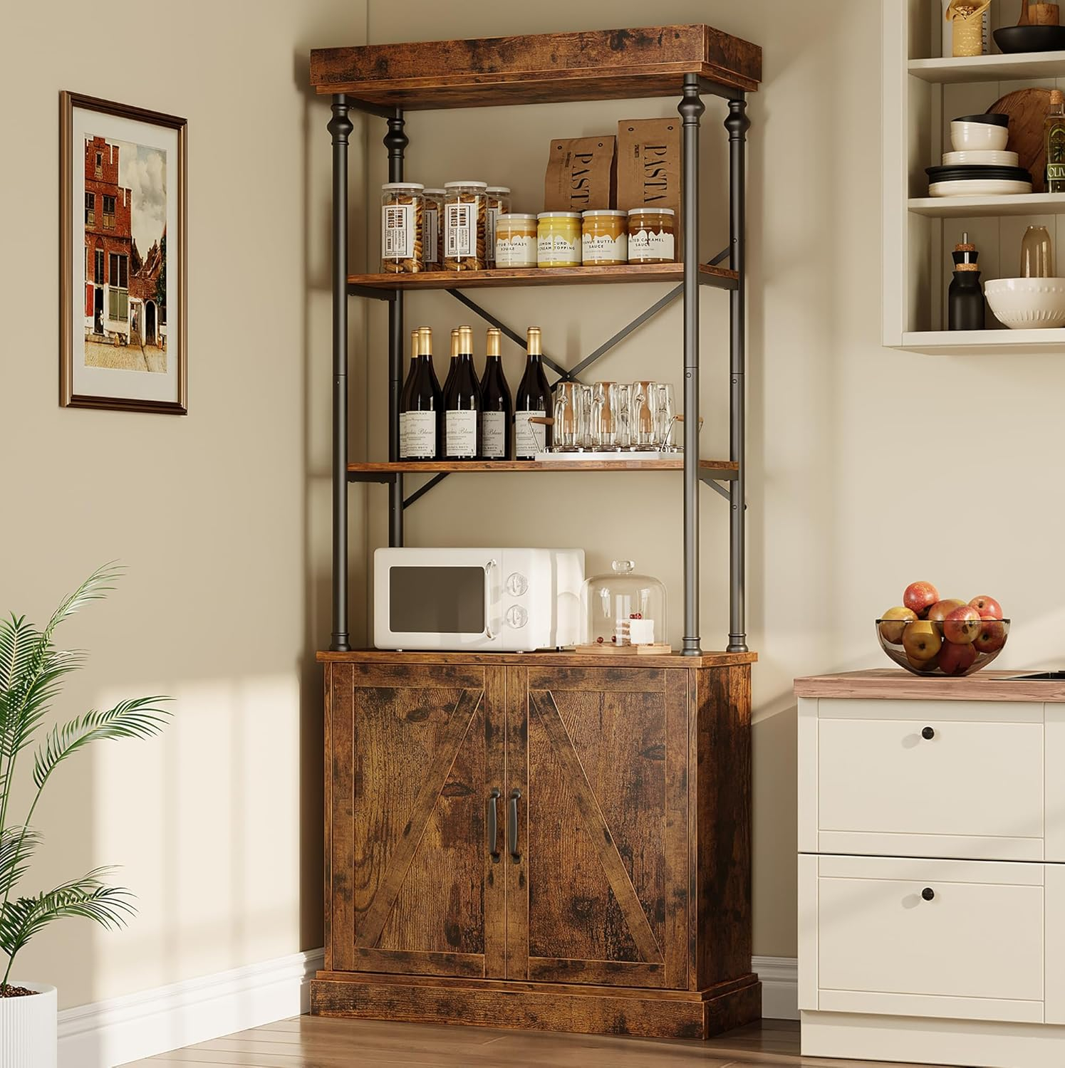 IDEALHOUSE Tall Bookshelf with Doors 73.62in Industrial Storage Open Rack Shelf with Cabinet Wood and Metal Bookcase Farmhouse Bookshelves Large Vintage Display Rack Home Office