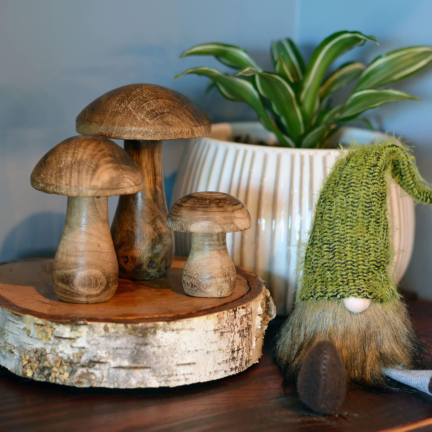 WHW Whole House Worlds Farmers Market Mushrooms, Set of 3, Decorative Figurines, Art, Dark Mango Wood, 4.75 Inches