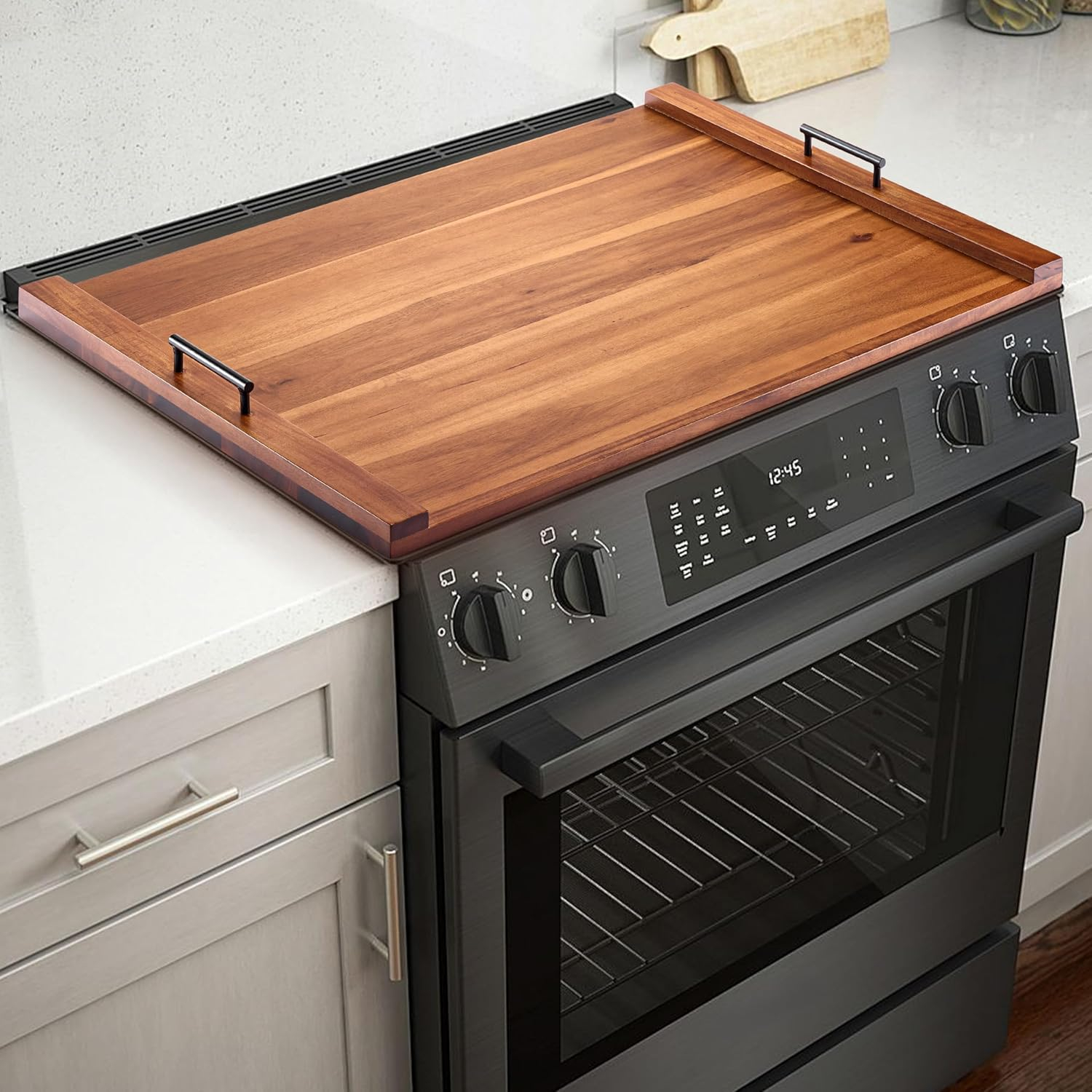 Acacia Wood Stove Top Cover with Metal Handles