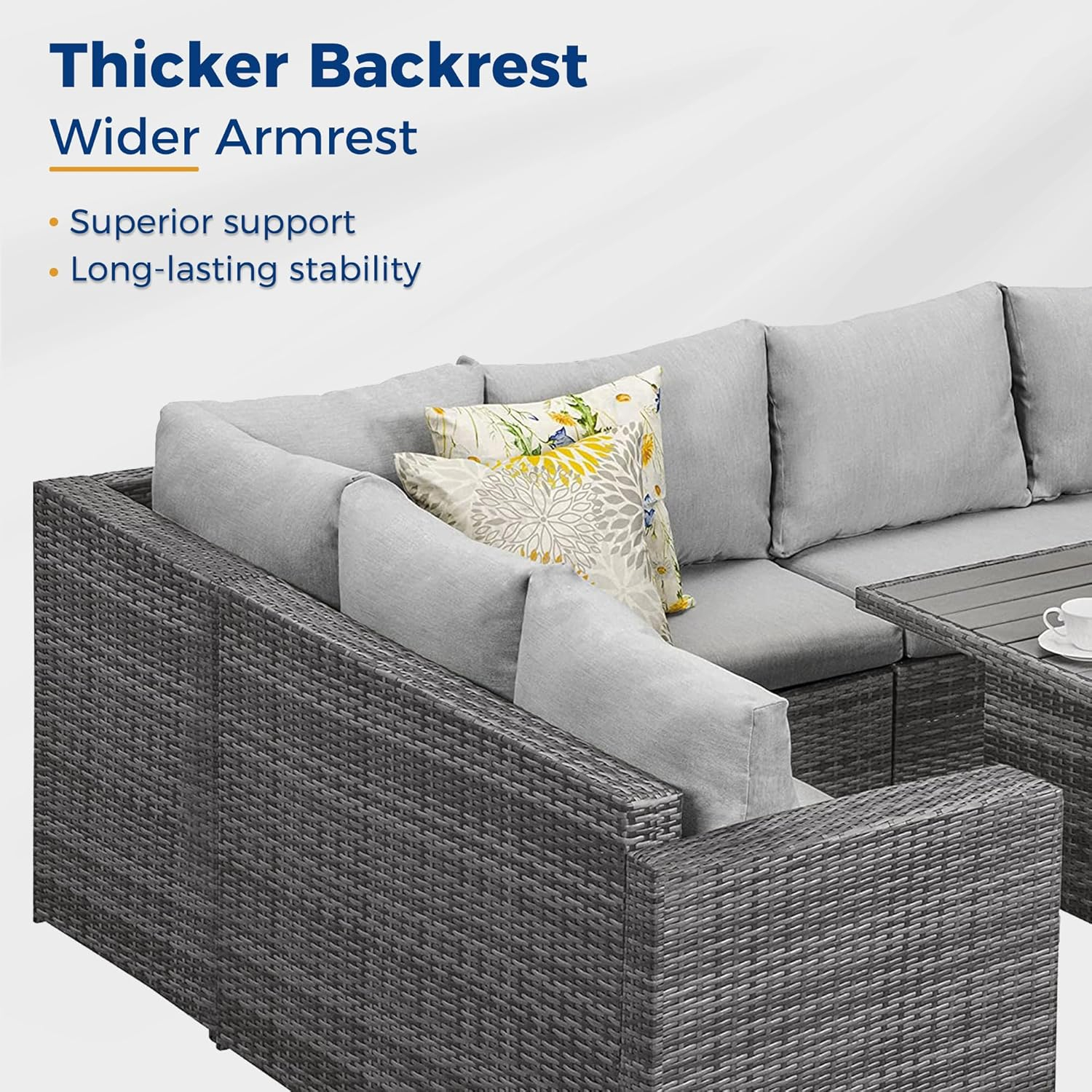 CozyHom 7 Pcs Outdoor Patio Sectional Dining Table Furniture Sofa Sets All Weather PE Wicker Rattan Conversation Set With Ottoman and Cushions, Gray