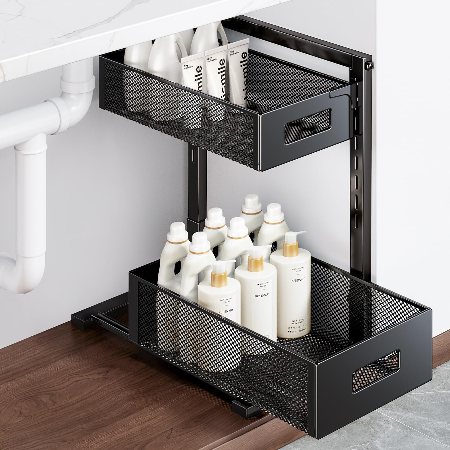 2-Tier Metal Under Sink Organizer, Pull Out Smoothly Under Kitchen Sink Organizer with Track, Large Capacity Heavy Load Under Sink Storage for Kitchen and Bathroom