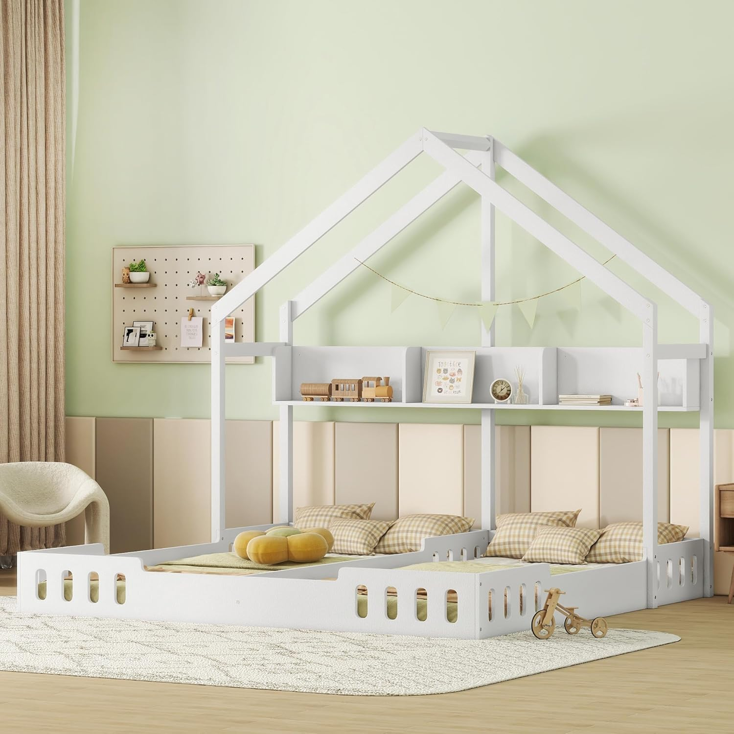 P PURLOVE Twin House Bed for 2 Kids,Double Twin Size Shared Beds with Fence Railings,House Montessori Floor Bed Frame Twin Size with Roof and Storage Shelves or Kids,Teens, Boys & Girls