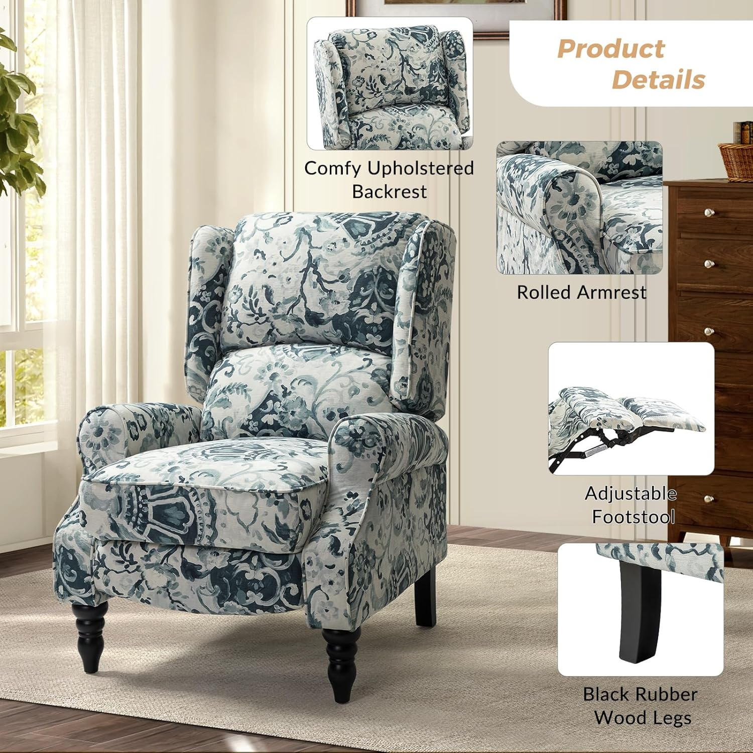 Floral Blue and White Upholstered Wingback Recliner with Rubber Wood Legs