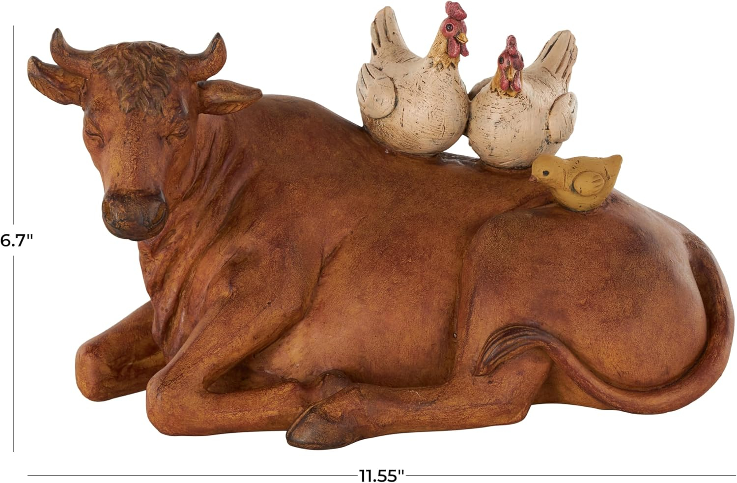 Deco 79 Polystone Cow Sculpture with Sitting Roosters and Chicks, 12" x 6" x 7", Copper