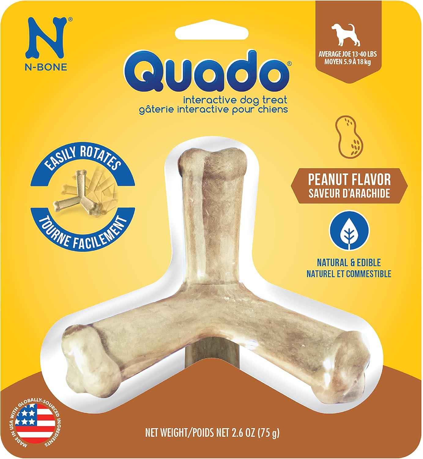 N-Bone® Quado® Dried Interactive Dog Chews, Peanut Flavor, Average Joe, Medium, 1ct, 2.6oz - Natural, Edible, 100% Digestible Dog Chews Alternative to Plastic Toys - for Small & Medium Dogs