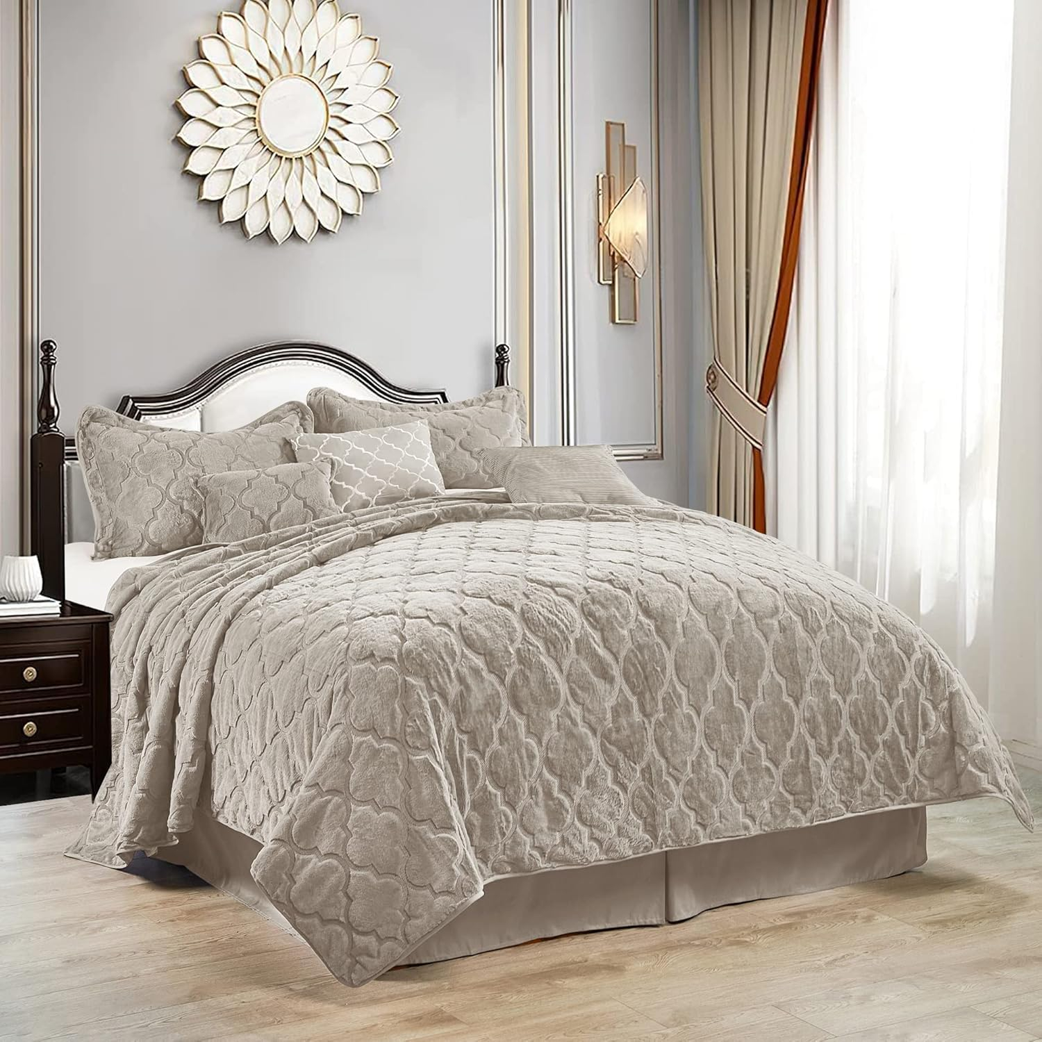 Serenta Faux Fur Ogee Embroidery 7 Piece Bedspread Quilts Set, King, Taupe