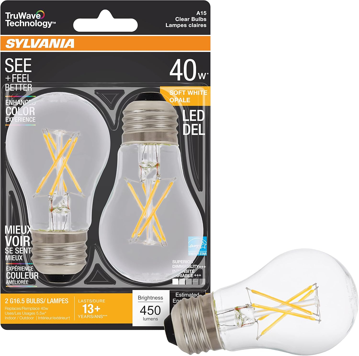 Sylvania TruWave A15 E26 (Medium) LED Bulb Clear Soft White 40 Watt Equivalence 2 pk