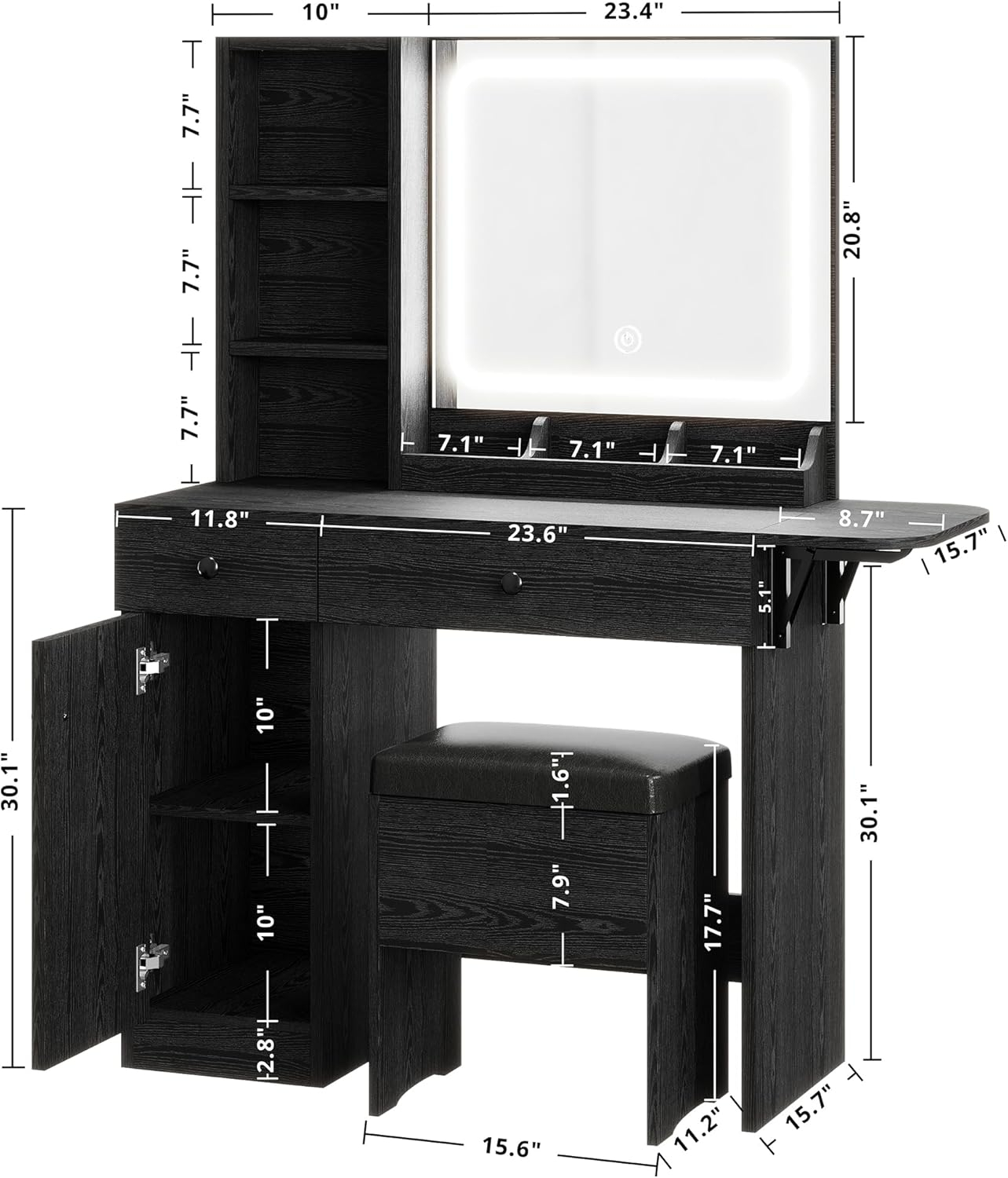 Black Iron Vanity Desk with LED Mirror and Storage Bench