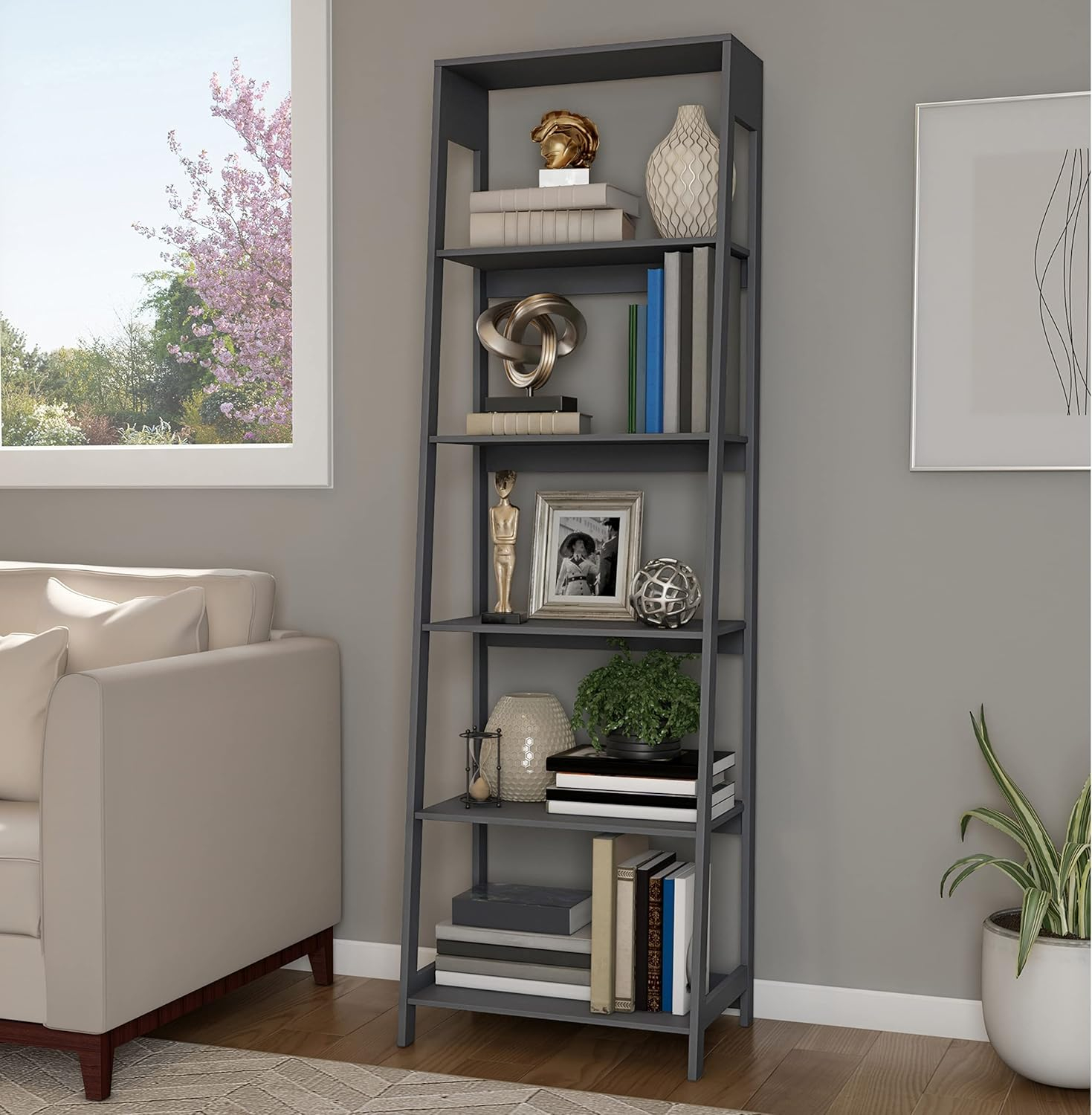 Alaterre Furniture 5-Tier Ladder Bookshelf - Leaning Decorative Shelves for Display - Wood Shelf for Living Room, Bathroom, and Kitchen Storage (Gray)