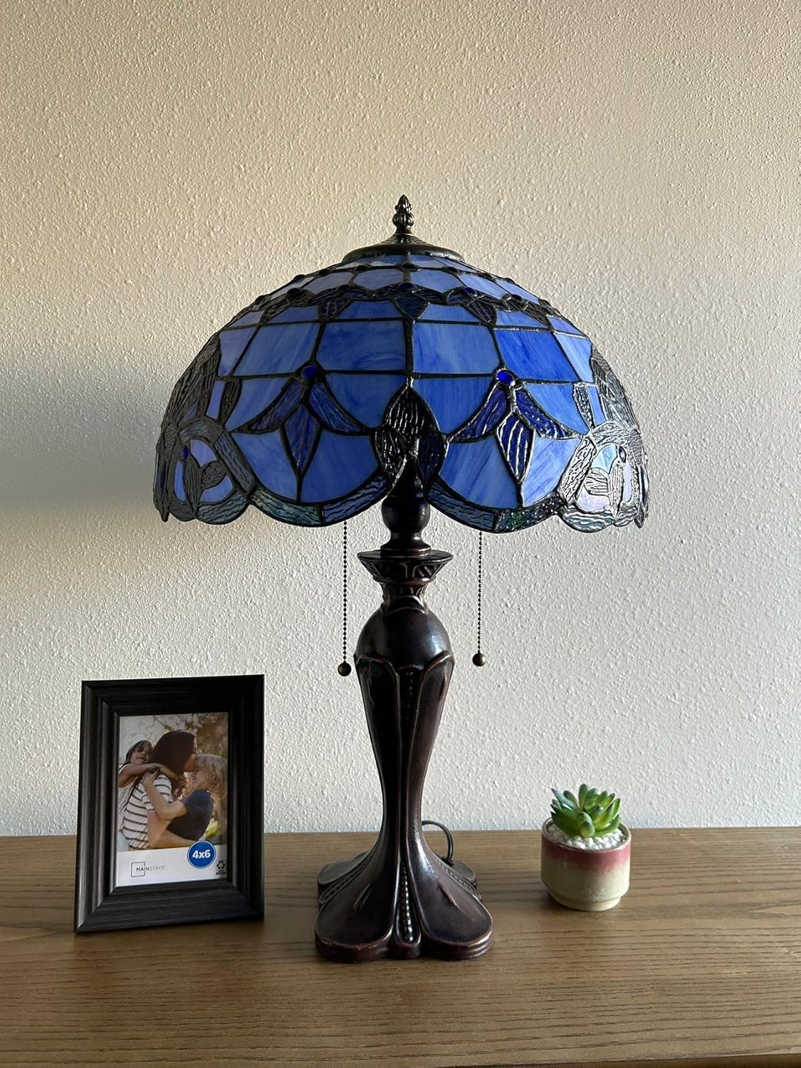 Tiffany Table Lamp Blue Stained Glass Baroque Style Lavender LED Bulbs Included for Living Room Bedroom Bedside 16'W*16"D*24"H