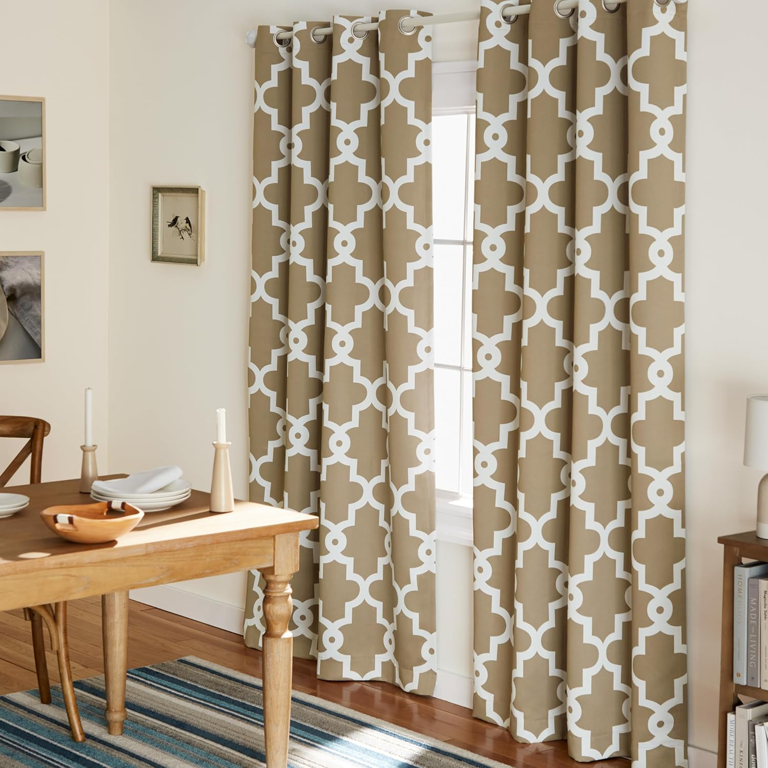 TOWN & COUNTRY EVERYDAY Ironwork Geo Trellis Sateen Indoor Curtains, Room Darkening Blackout, Grommet Top, Energy Efficient, 2-Pack Set, 52"x108", Taupe