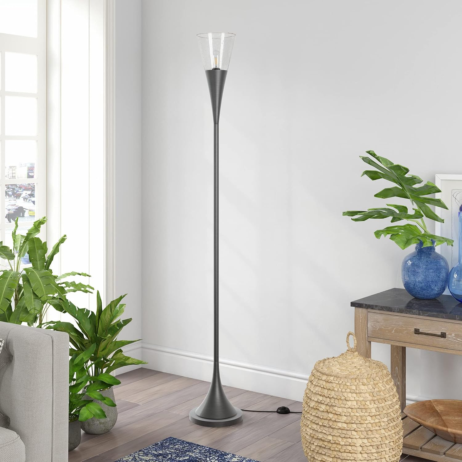 Moura Torchiere Floor Lamp with Glass Shade in Aged Steel/Seeded