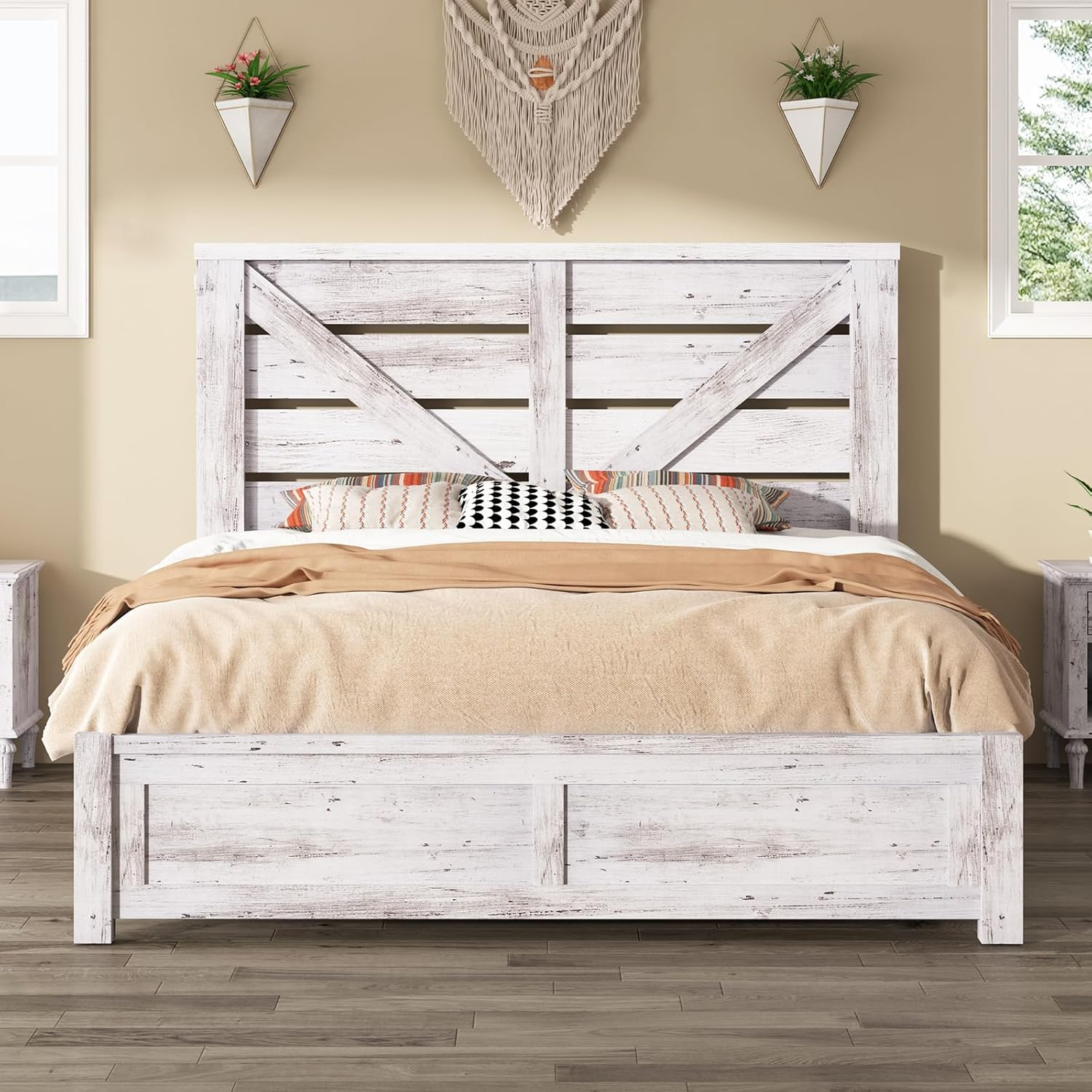 Distressed White Queen Size Wooden Farmhouse Bed Frame with Barn Door Headboard