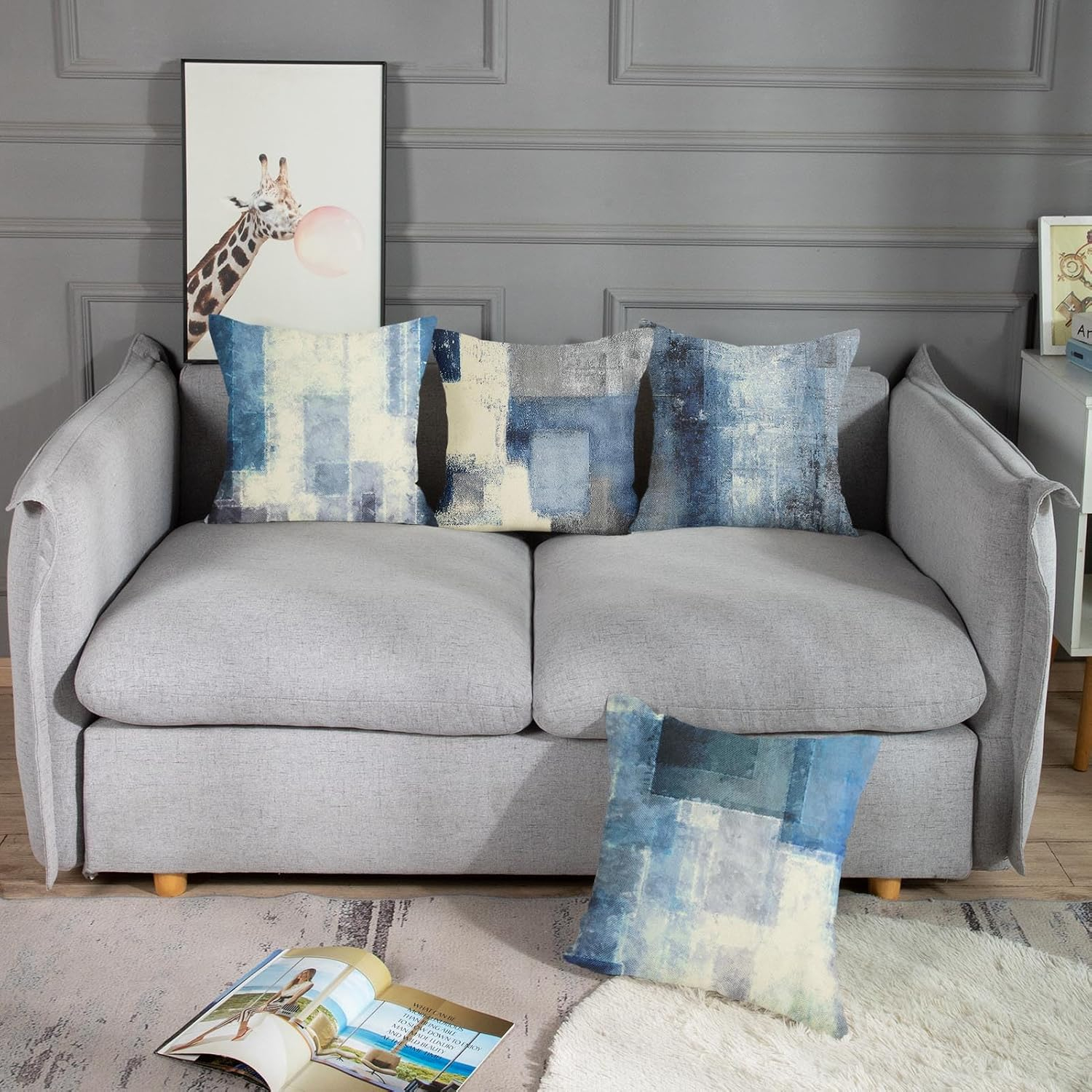 Emvency Set of 4 Throw Pillow Covers Blue and Grey White Modern Abstract Artwork Contemporary Decorative Gray Cushion Sofa Bedroom Car Decor Pillow Cases Home Square 16x16 Inches Pillowcases
