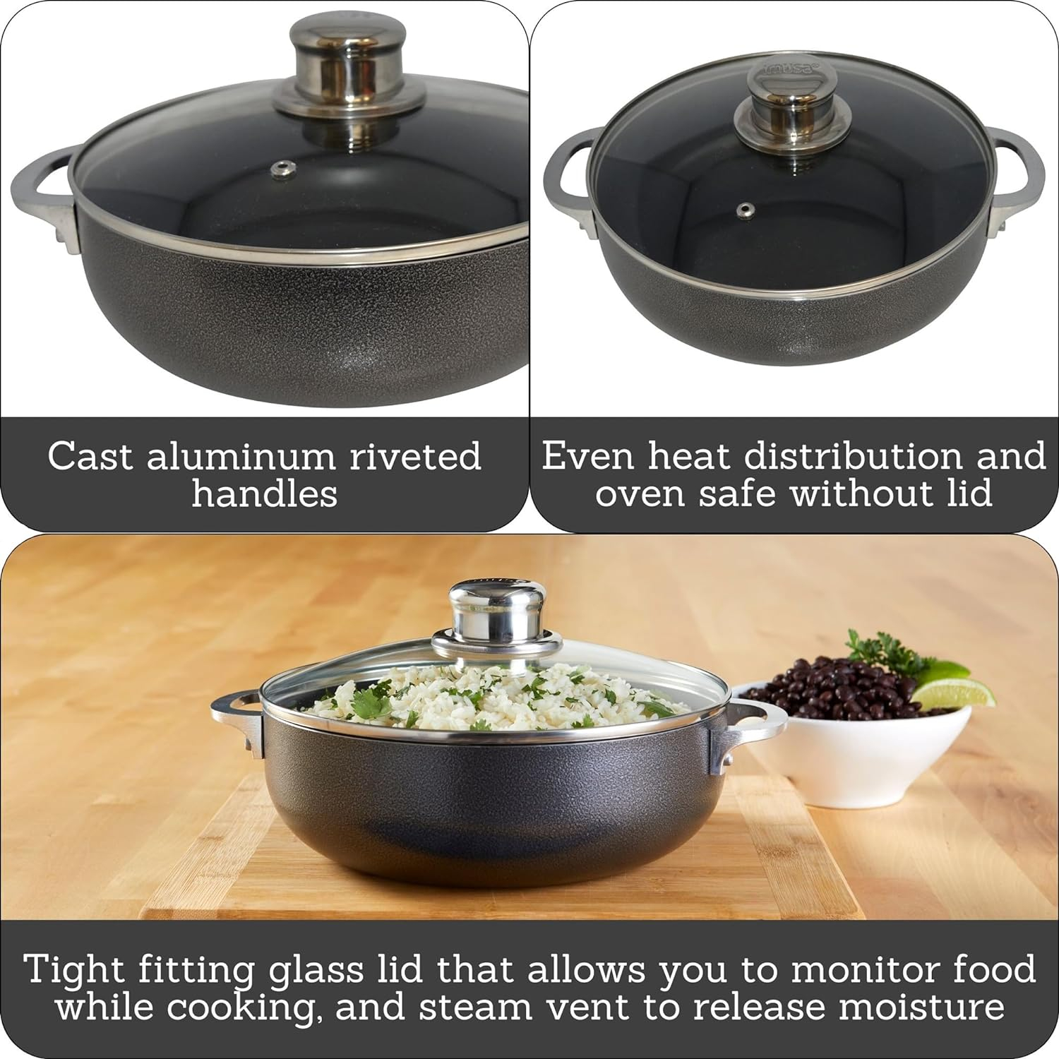 IMUSA 3.2qt Charcoal Aluminum Nonstick Caldero with Glass Lid, Black