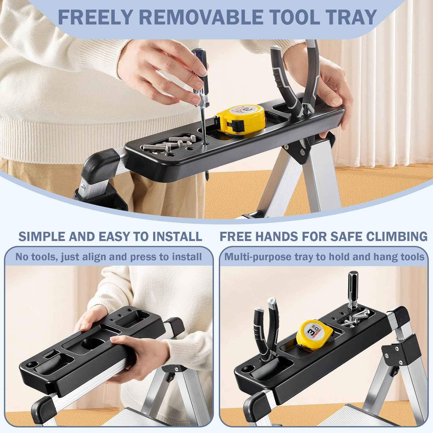 XinSunho 3 Step Ladder, Retractable Handgrip Folding Step Stool Ladders with Anti-Slip Wide Pedal, Aluminum 3 Steps, 330lbs Safety Household Ladder