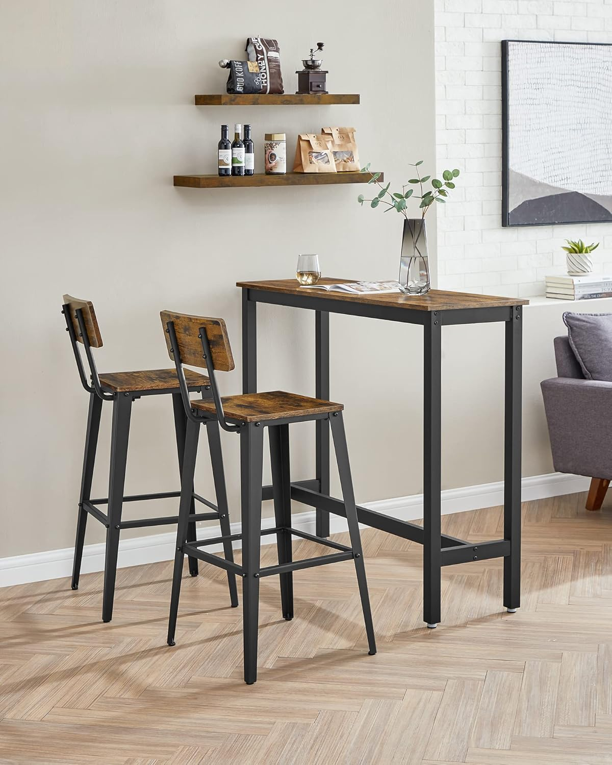 VASAGLE 2 Pack Bar Stools, Bar Height Stools, Tall Bar Stools with Back, Rustic Brown and Black