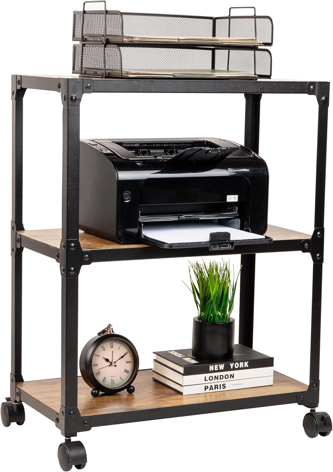Mind Reader 3-Tier Rolling Bar Cart, Microwave Stand, Wood Metal, 29.5"H, Brown