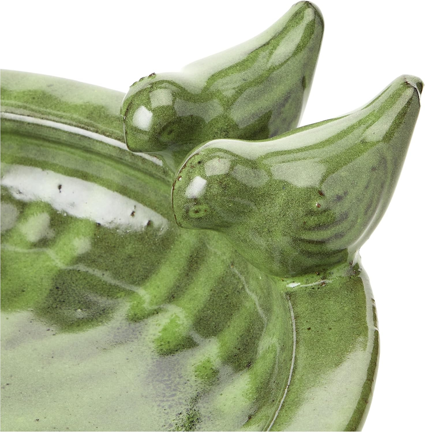 Green Ceramic Round Bird Bath with Perched Birds