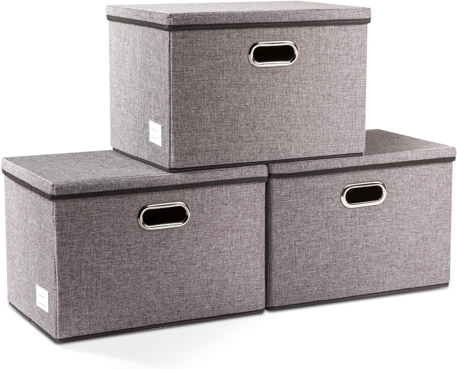 3 Pack Collapsible storage bins with lid. Foldable Storage bins for shelves, closet, office bedroom, or nursery. Containers made with linen fabric and stainless steel handles for organizing.