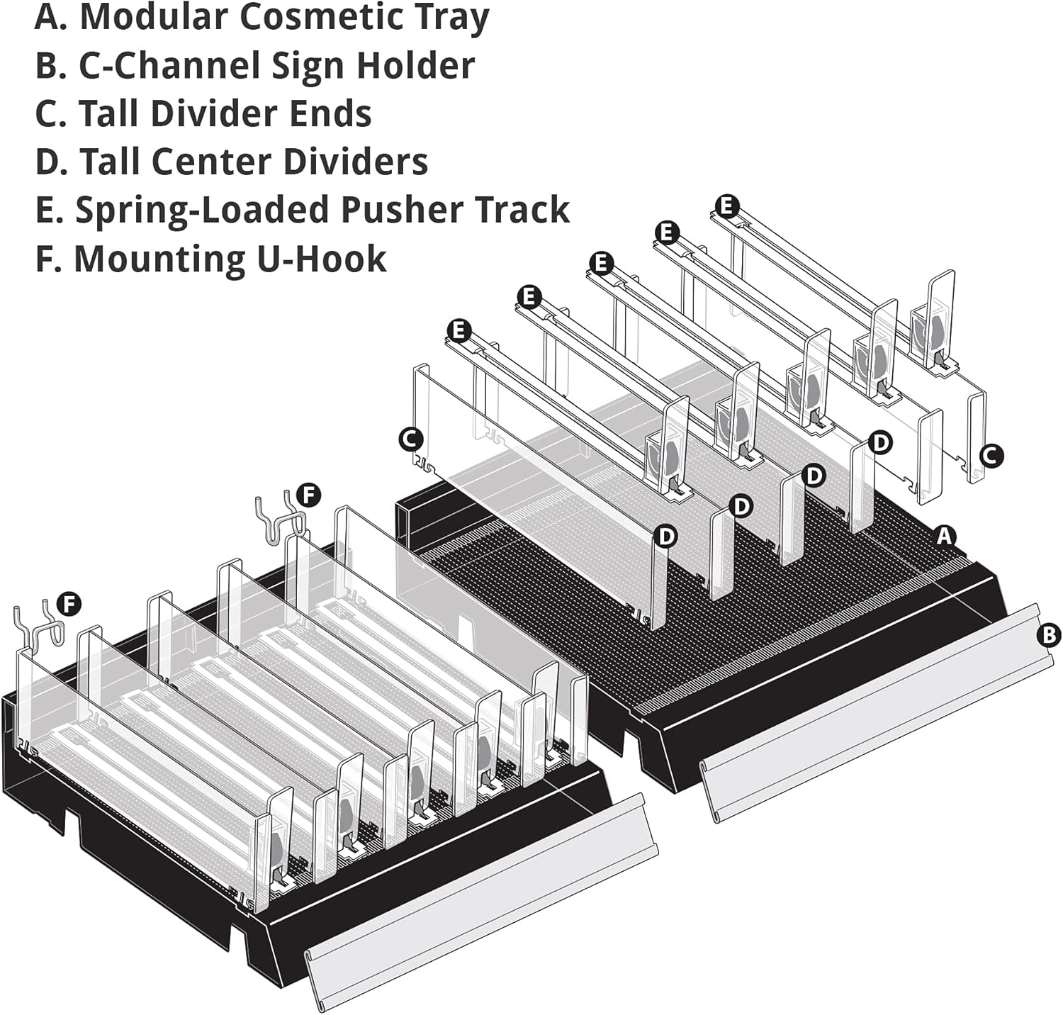 Azar Displays 225830-TALL-BLK Adjustable Tall Divider Bin Cosmetic Tray with Pushers - Customize Slot Size to Product, Black 2-Pack