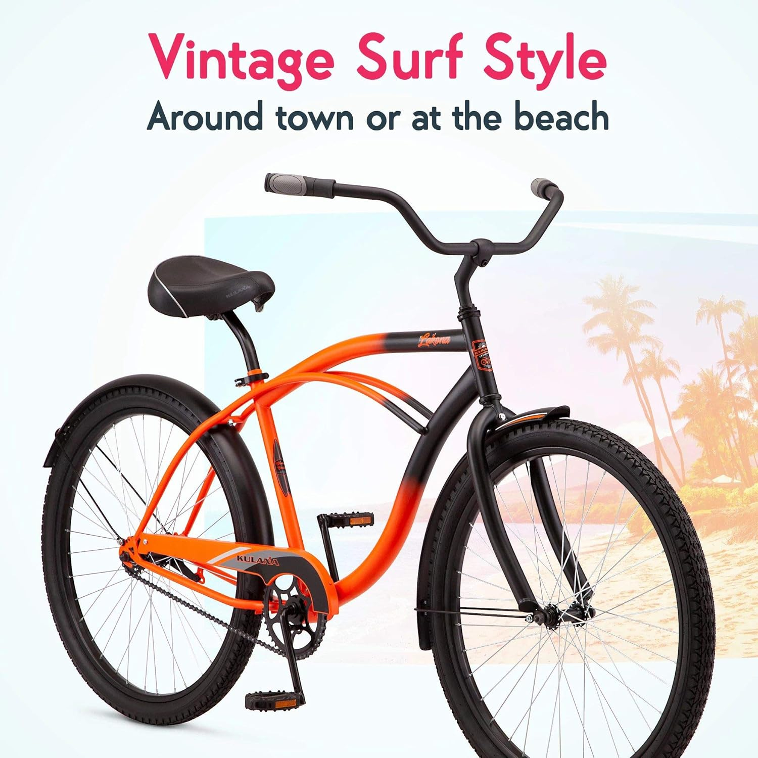 Kulana Lakona Shore, Tide or Wave Cruiser Bike, 20, 24 or 26 Inch Bike for Adults and Youth, 7 or Single Speed Beach Cruiser Bicycle, Rear Coaster Brake, Extra-Large Spring Saddle, Fenders