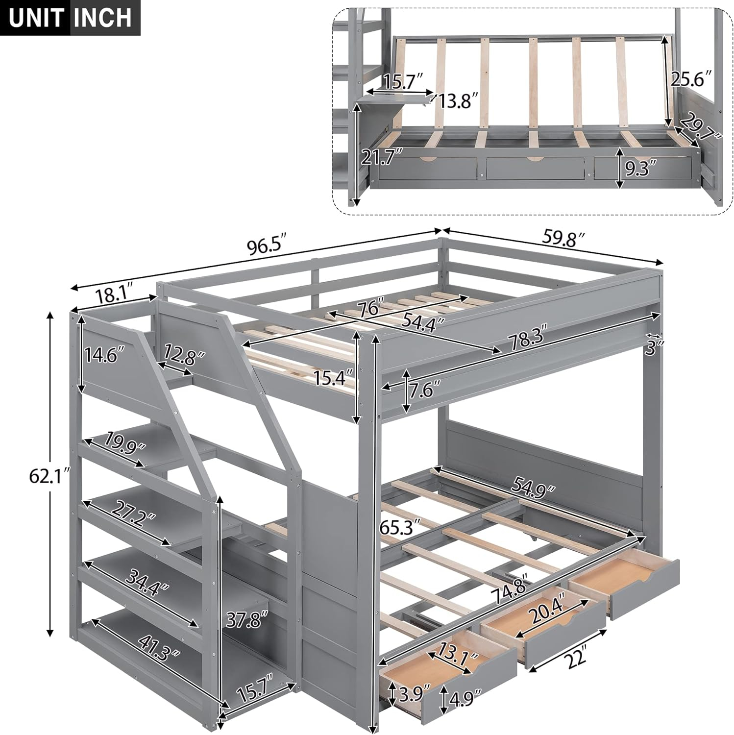 Harper & Bright Designs Full Over Full/Futon Bunk Beds with Stairs and 3 Drawers, Built-in Shelf, Bottom Bed can be Converted into Daybed, Solid Wood Bunk Bed Frame - Gray