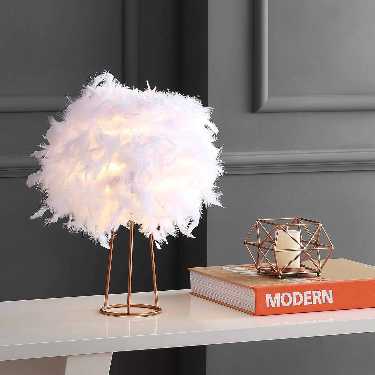JONATHAN Y JYL9051A Stork 16" Feather Metal LED Table Lamp Contemporary Bedside Desk Nightstand Lamp for Bedroom Living Room Office College Bookcase LED Bulb Included, White/Gold