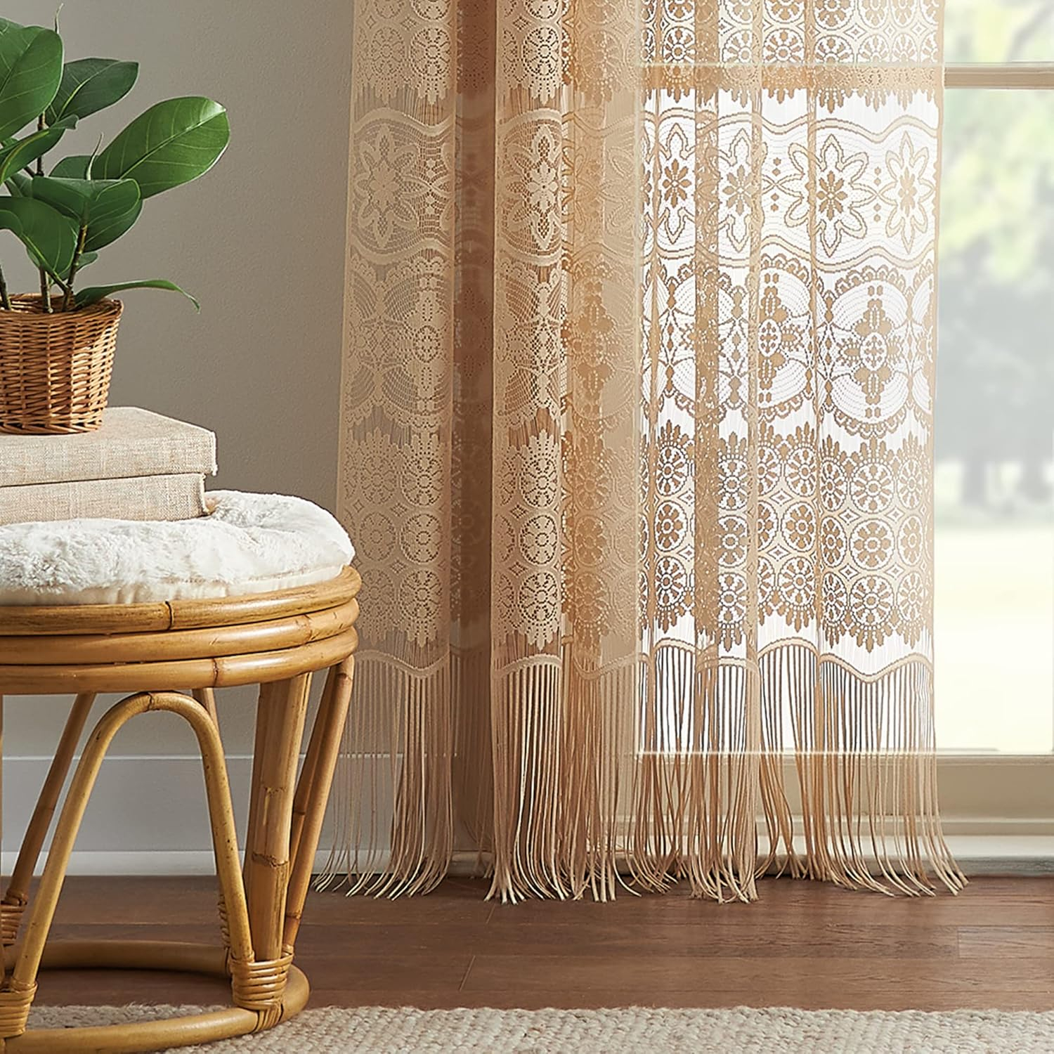 CHF Boho Lace Sheer Single Poletop Panel, Almond, 60" x 84"