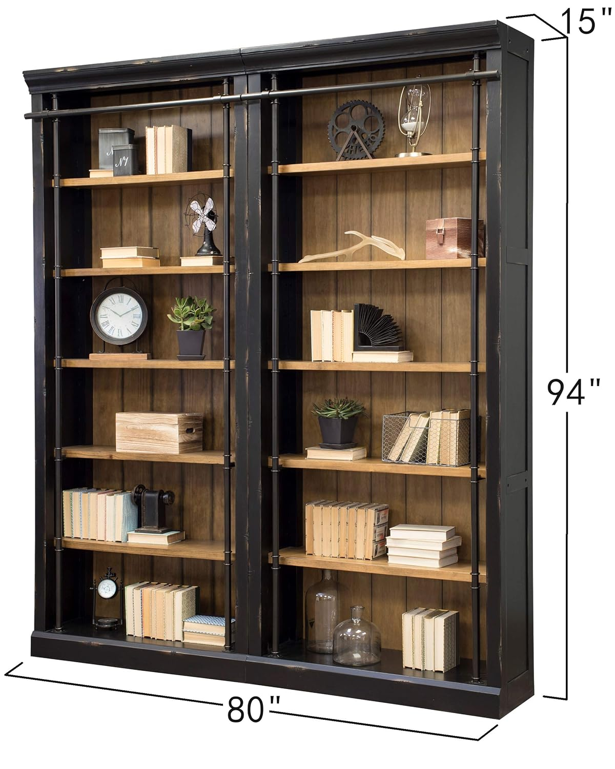 Traditional 8' Tall Wood Bookcase Wall With Ladder Aged Office Bookcases Black