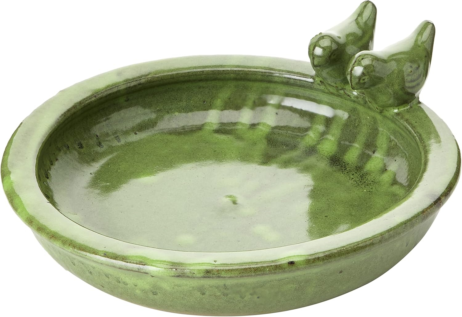 Green Ceramic Round Bird Bath with Perched Birds