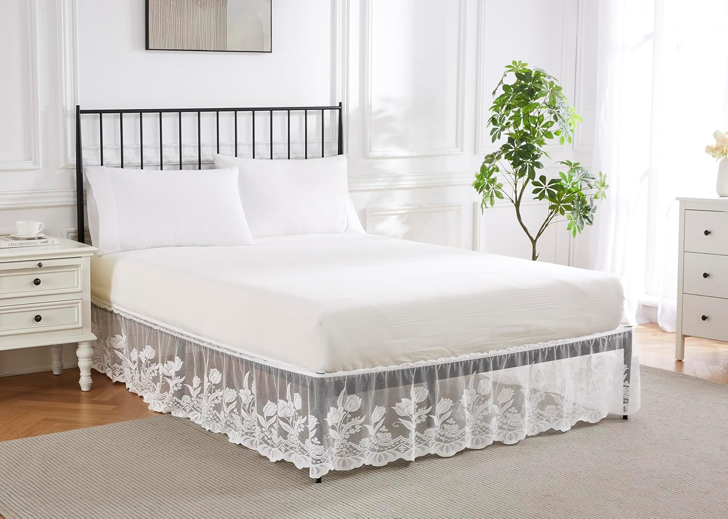 White Lace Queen Size Polyester Bed Skirt