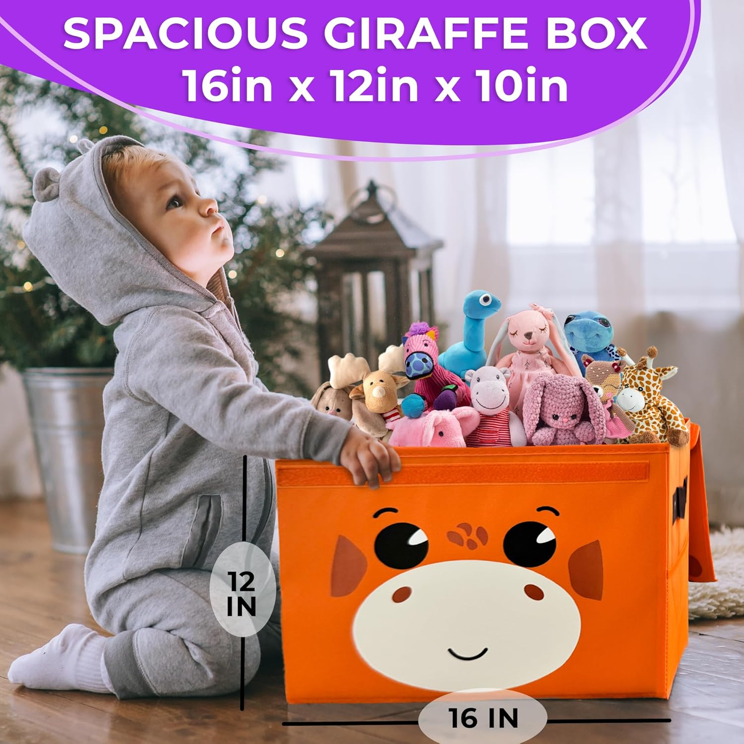Orange Giraffe Fabric Collapsible Toy Storage Box with Handles