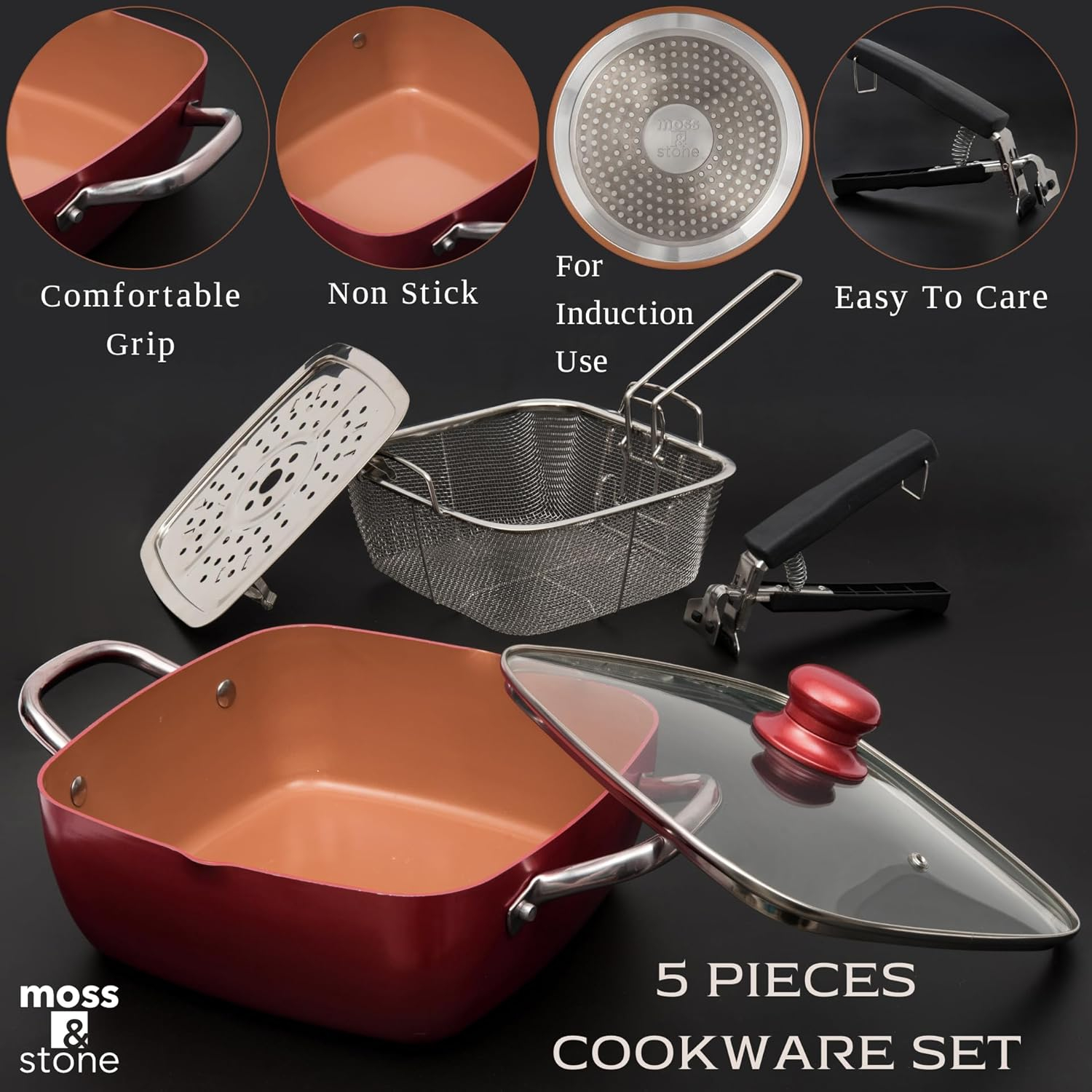 Moss & Stone Copper 5 Piece Set Chef Cookware, 9.5” Non Stick Pan, Deep Square Pan, Fry Basket, Steamer Tray, Dishwasher & Oven Safe, 5 Quart Copper Pot Set, Red Induction Cookware Set