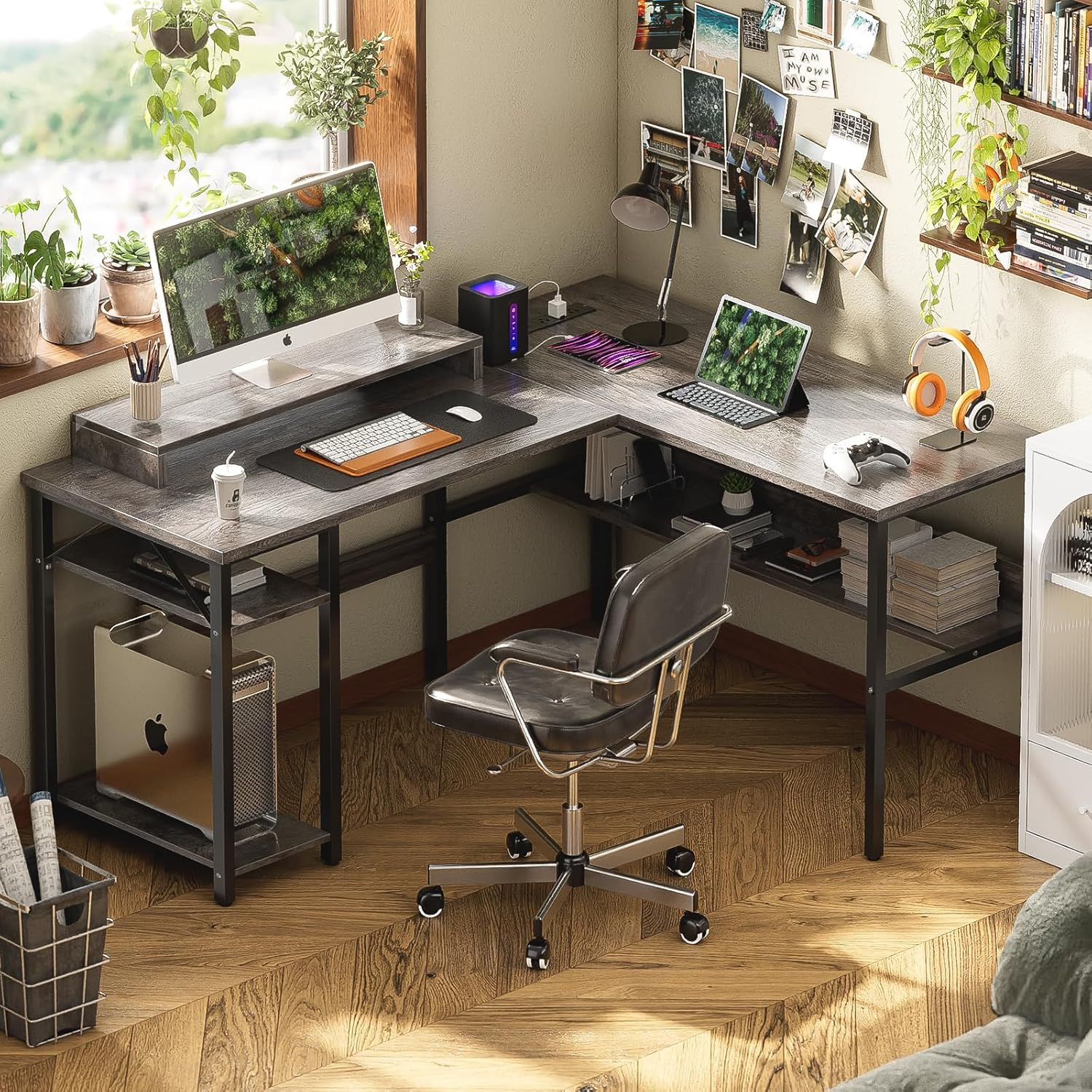 Unikito Reversible L Shaped Desk with Power Outlets and RGB LED Light, Sturdy Computer Desk with Ergonomic Monitor Stand and Storage Shelves, Corner Desk for Home Office, Easy Assembly, Black Oak