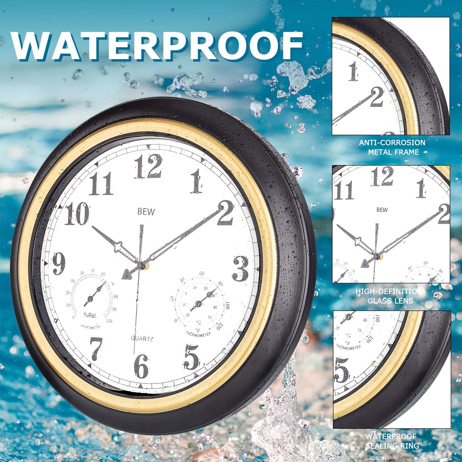 BEW 18" Quartz Retro Indoor and Outdoor Weather Station Clock, Waterproof