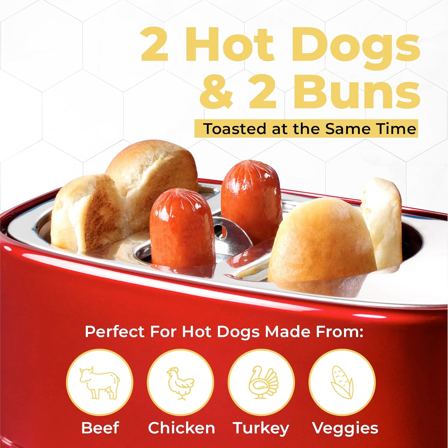 Retro Red 2-Slice Hot Dog and Bun Toaster with Mini Tongs