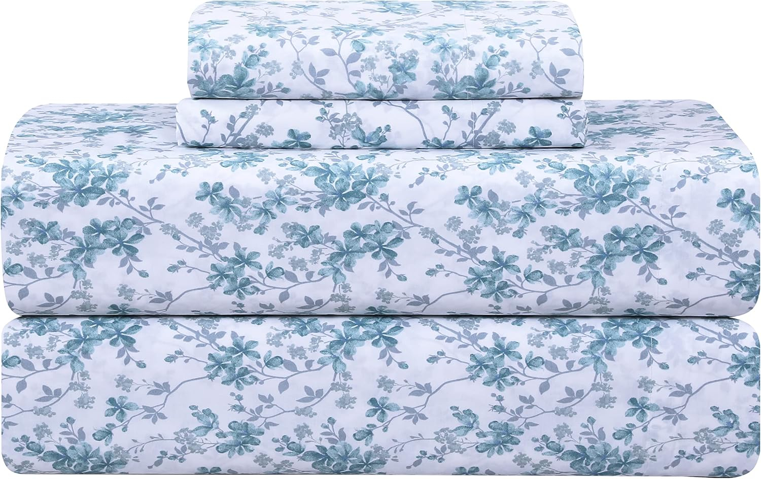 Feather & Stitch Softest 100% Cotton Sheets, 300 Thread Count Percale Weave Bedding, 16" Deep Pocket, Cooling Sheets, Breathable Bed Set, Hotel Premium Quality (Full, Blue Floral)