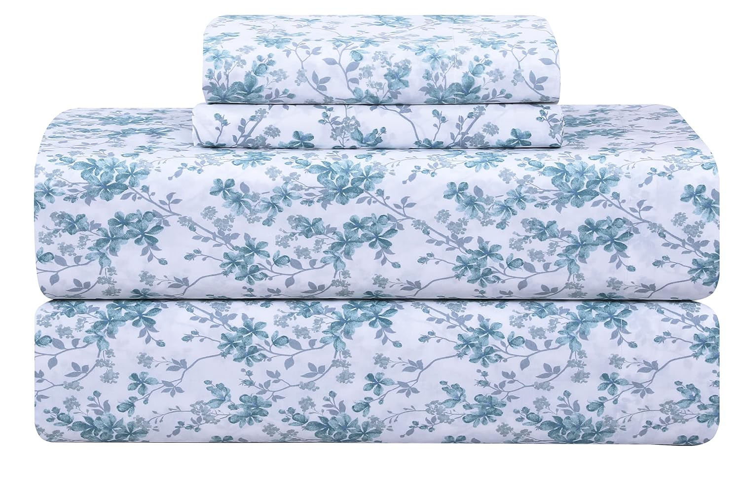 Feather & Stitch Softest 100% Cotton Sheets, 300 Thread Count Percale Weave Bedding, 16" Deep Pocket, Cooling Sheets, Breathable Bed Set, Hotel Premium Quality (Full, Blue Floral)