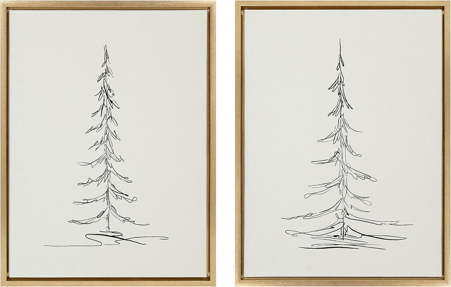 Kate and Laurel Sylvie Minimalist Evergreen Trees Sketch Framed Canvas Wall Art Set by The Creative Bunch Studio, 2 Piece 18x24 Bright Gold, Minimal Christmas Tree Sketch Art